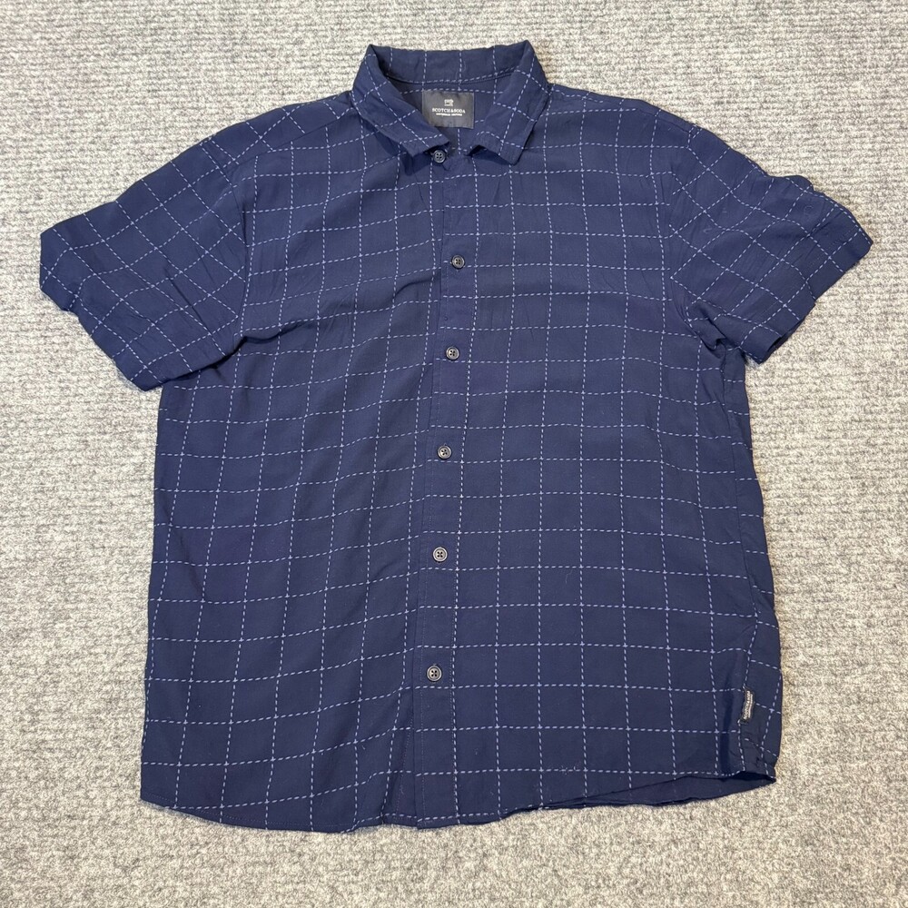 Scotch & Soda Shirt Mens Medium Blue Check Short Sleeve Button Up Viscose Casual